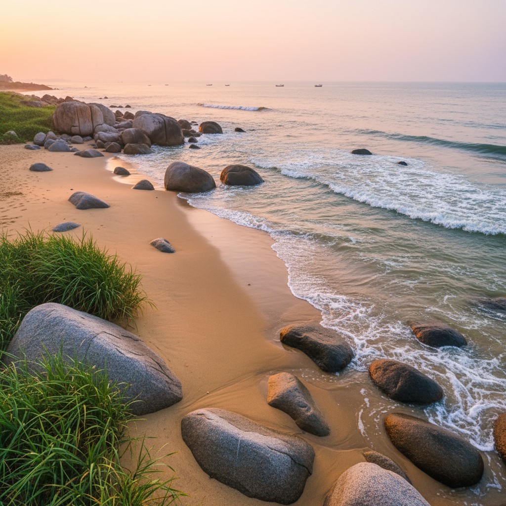 A serene and natural beach scene with rocks, grass, and the ocean.
